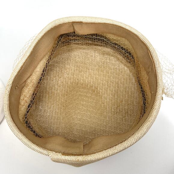 Vintage 60s Womens Champagne Two Tone Pillbox Hat Netting and Hat Pin Fascinator - Picture 4 of 7